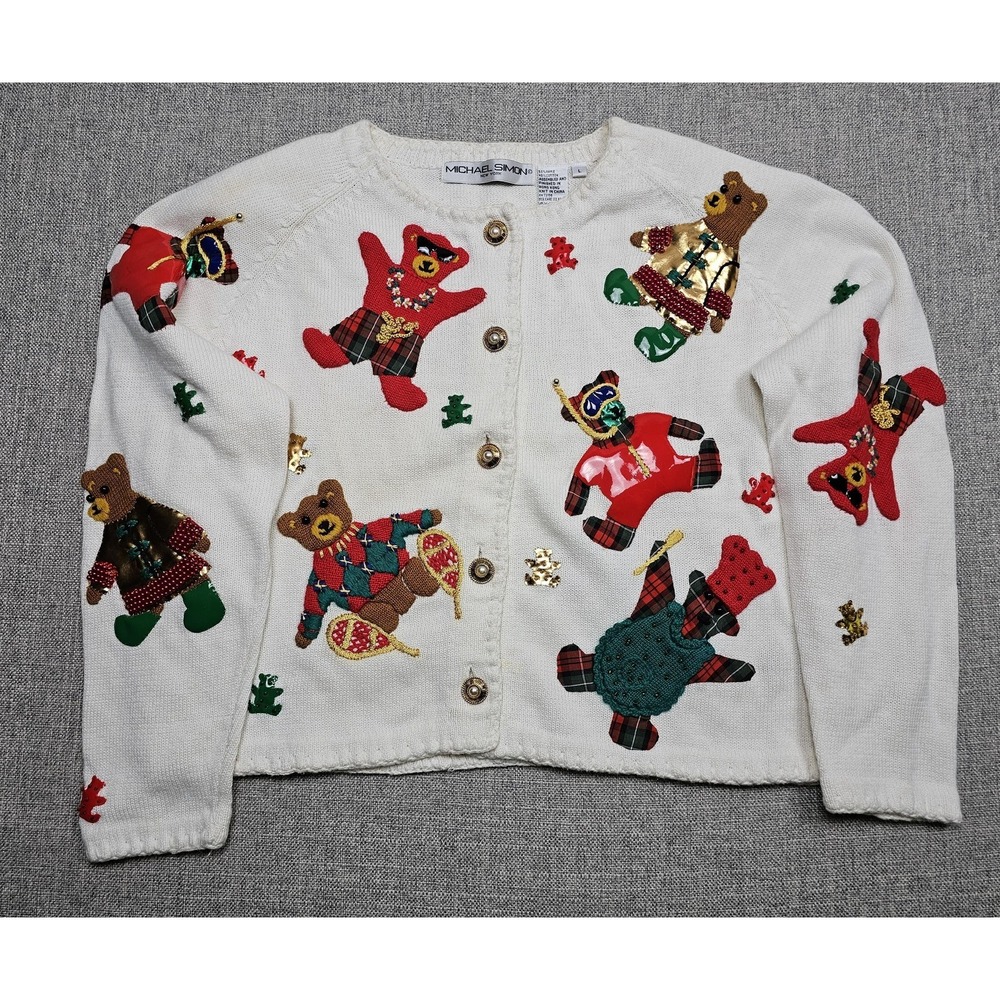 VINTAGE Michael Simon Sweater Womens Large White‎ Bear Christmas Cardigan 90s